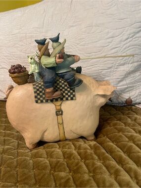 Whimsical Pastel Pink Folk Art Pig Sculpture with Fishermen. Vintage 1997
